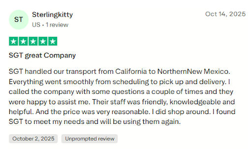 A 5-star customer review for SGT Auto Transport praising their smooth service and helpful staff for a move from California to New Mexico.