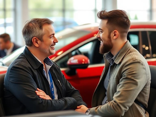 Satisfied car buyer smiling with a car seller after a successful purchase.