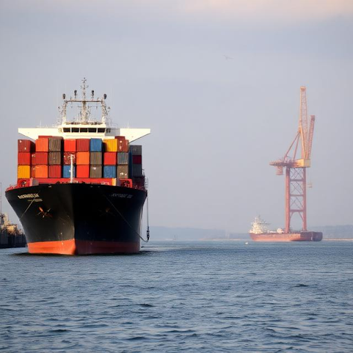 Cargo ship sailing on the sea used for international RoRo vehicle shipping.