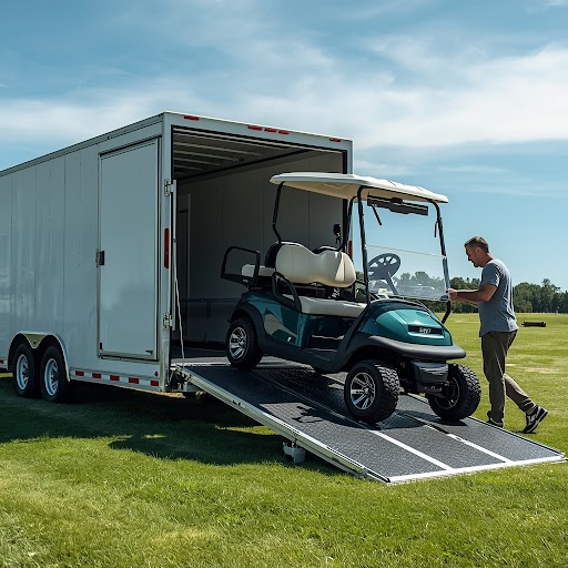 Securing a golf cart inside an enclosed trailer for transport purpose